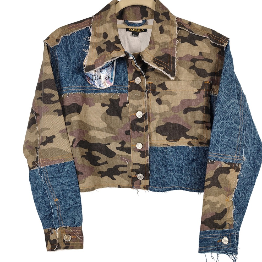 NWT Kroix Womens XL Patchwork Cropped Jacket Camo Denim Streetwear Grunge